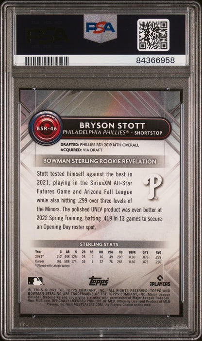 2022 Bowman Sterling Bryson Stott #BSR46 Mini Diamond Refractor 015/150 PSA 10