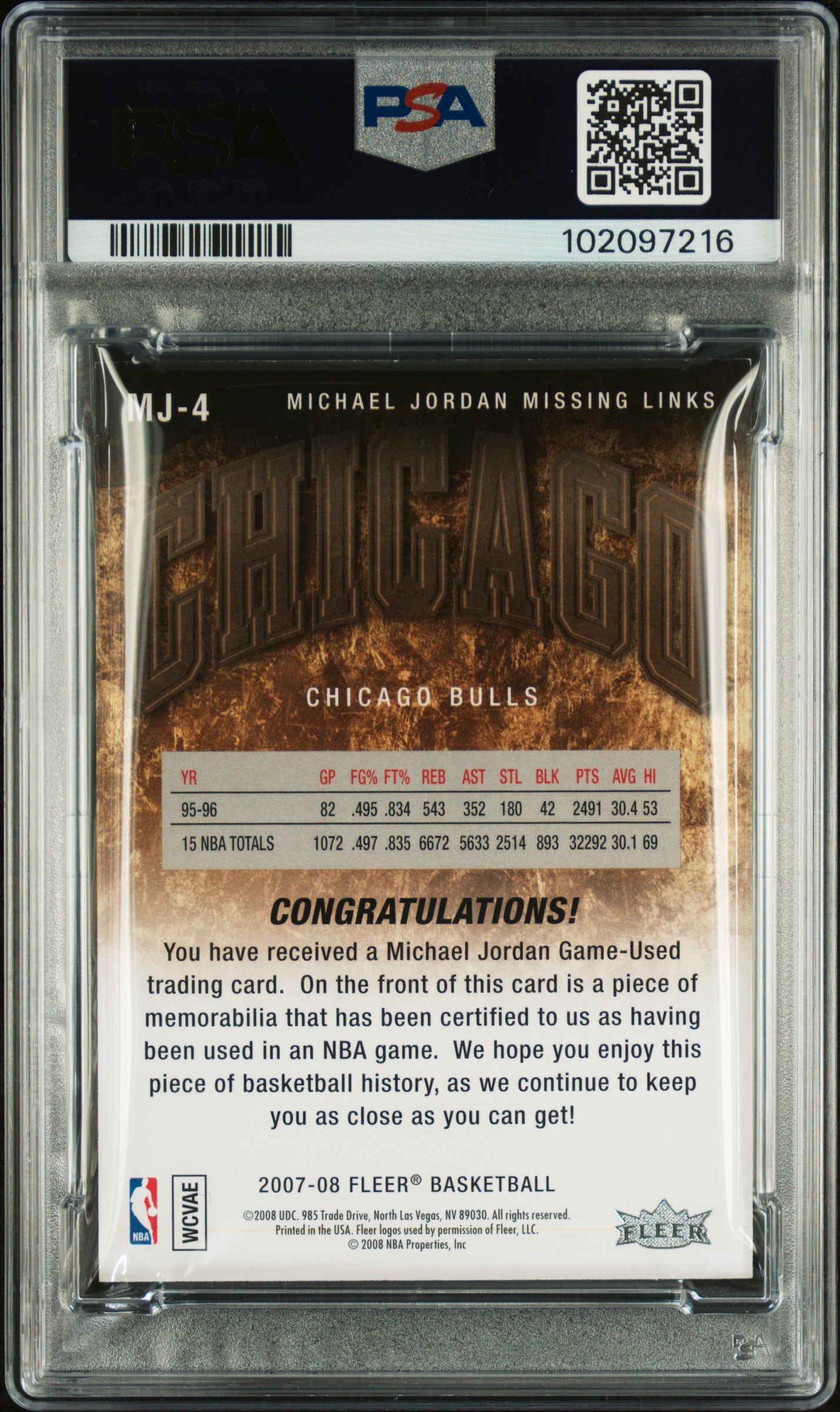 2007 Fleer MJ Missing Links Jersey Michael Jordan #MJ-4 PSA 8