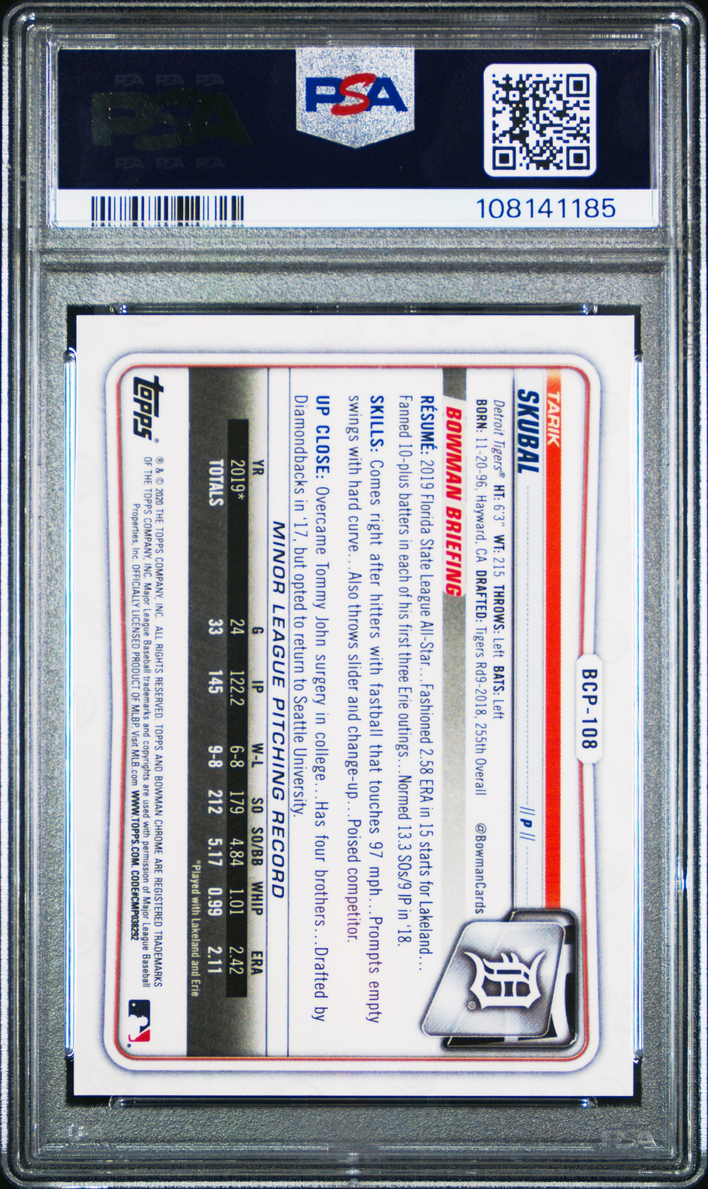 2020 Bowman Chrome Prospects Tarik Skubal #BCP108 Blue Shimmer 32/150 PSA 9