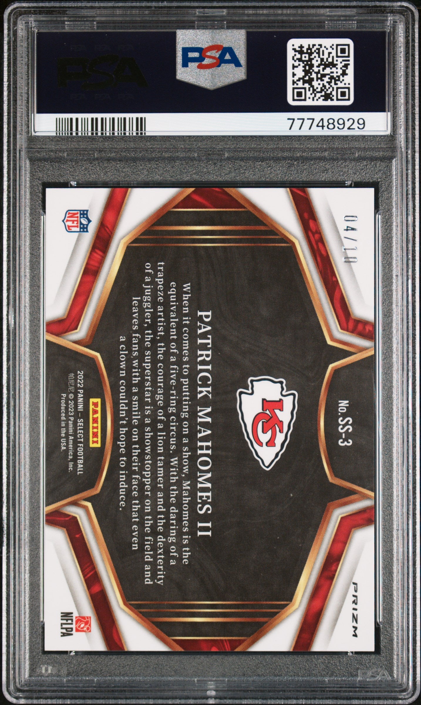 2022 Panini Select Snapshots Patrick Mahomes II #SS3 PSA 10