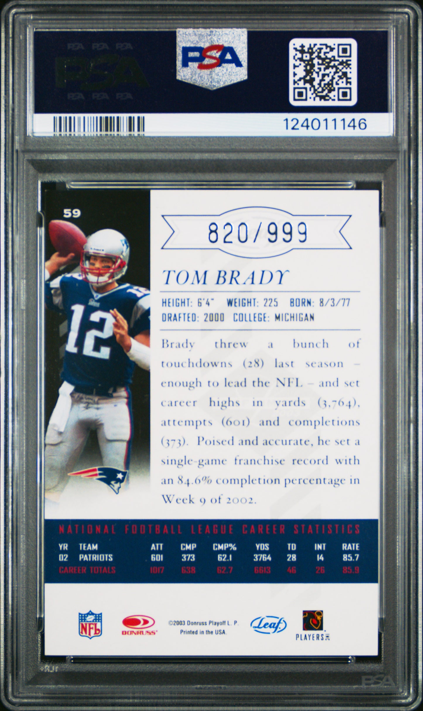 2003 Leaf Limited Tom Brady #59 PSA 9
