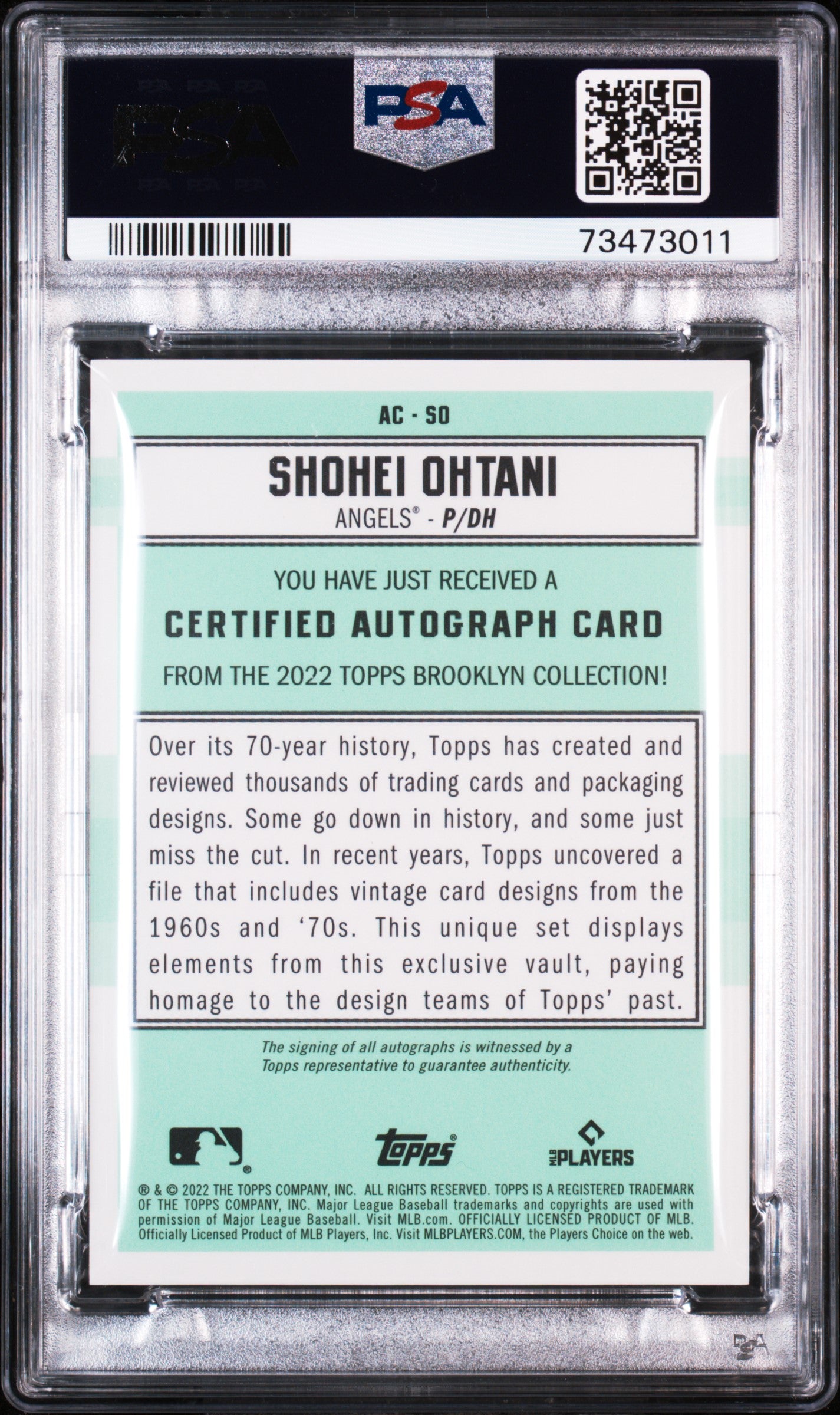 2022 Topps Brooklyn Collection Autograph Shohei Ohtani #SO Orange PSA 10 #18/20