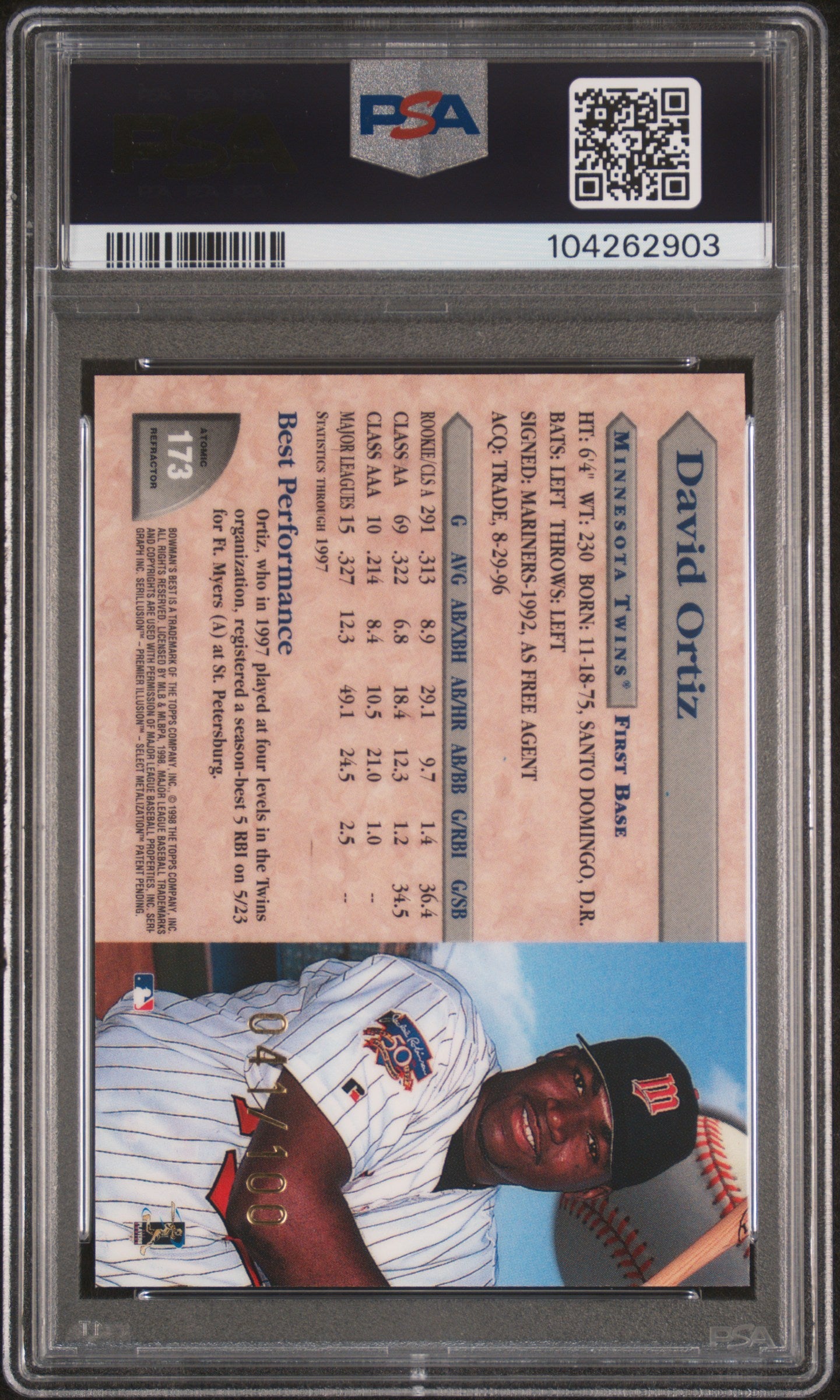 1998 Bowman's Best David Ortiz #173 Atomic Refractor PSA 9