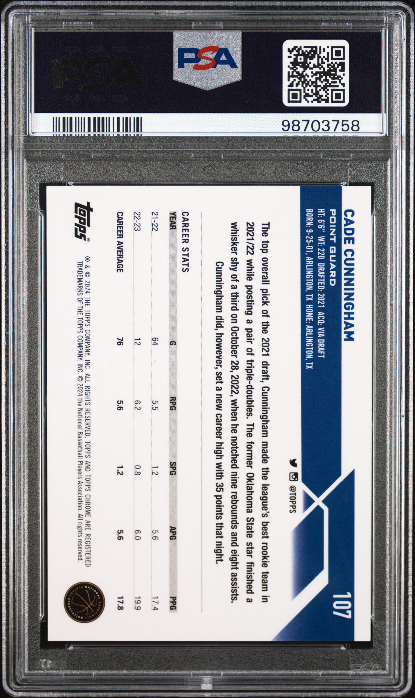 2023 Topps Chrome Cade Cunningham #107 /5 Red Geometric PSA 10