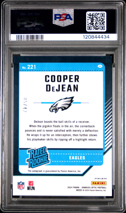 2024 Panini Donruss Optic Cooper Dejean #221 Autograph Purple Stars PSA 10