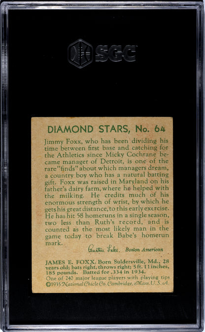 1934 Diamond Stars Jimmie Foxx #64 1935 SGC 2.5