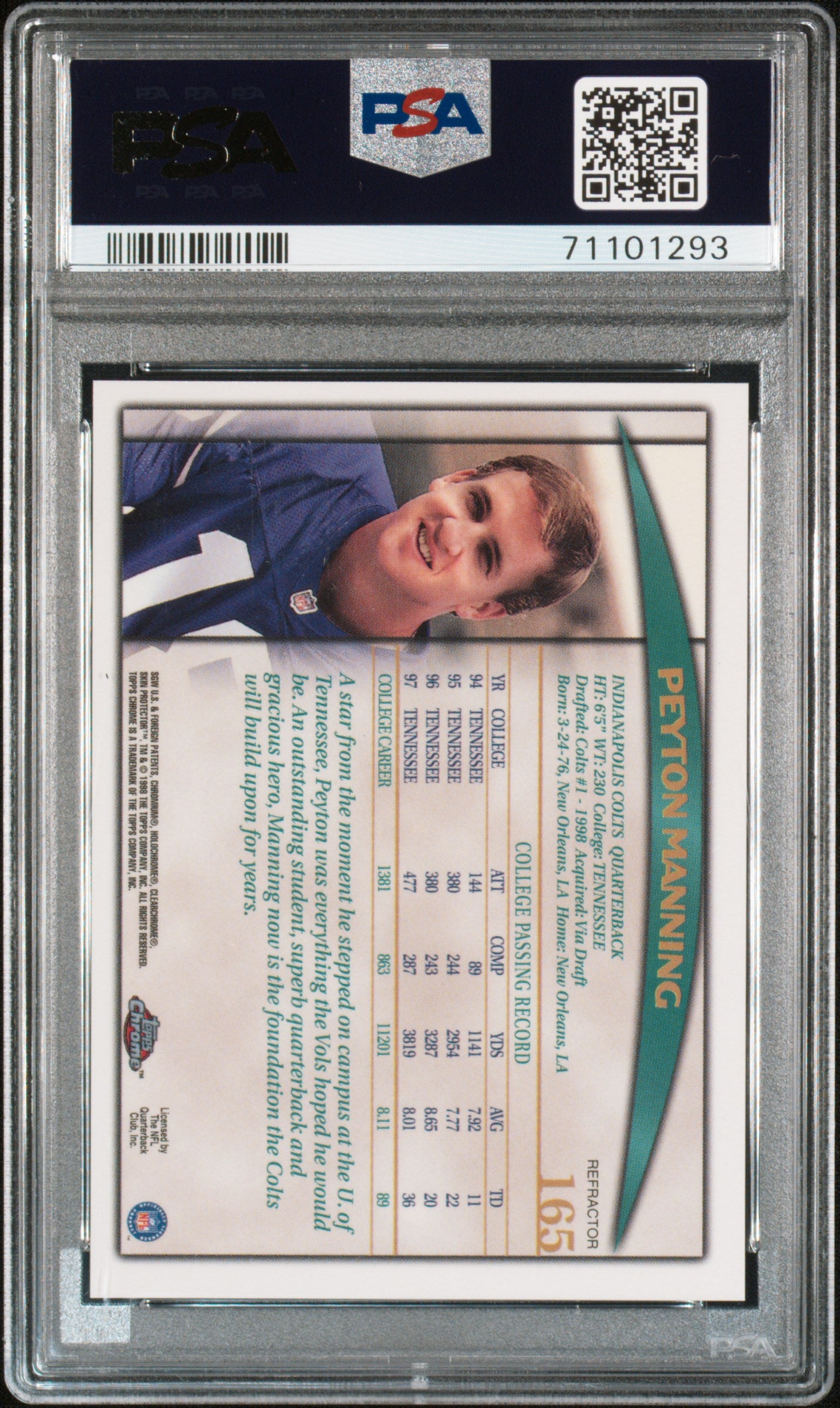 1998 Topps Chrome Peyton Manning #165 Refractor PSA 8