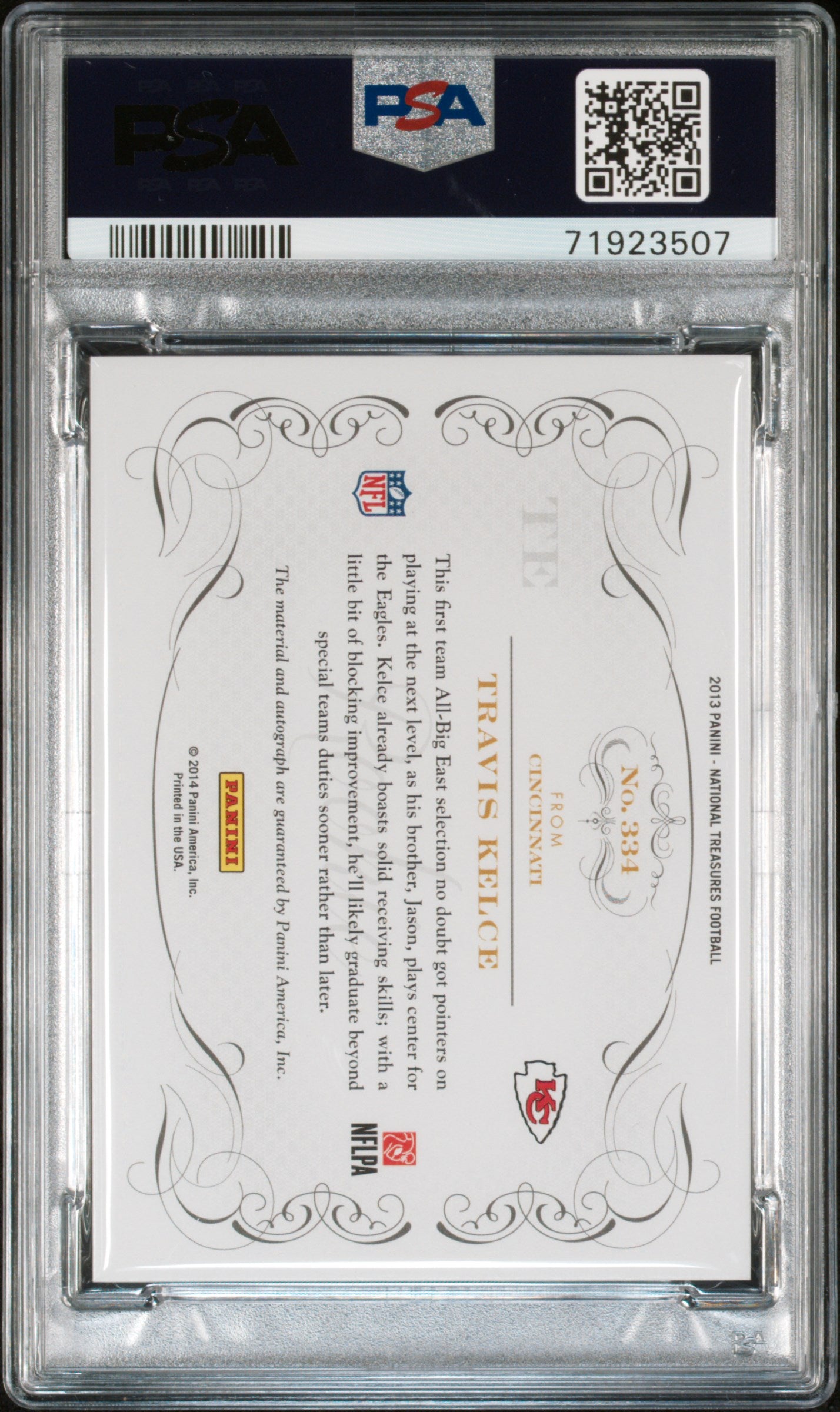 2013 Panini National Treasures Travis Kelce #334 Autograph Silver 40/99 PSA 10