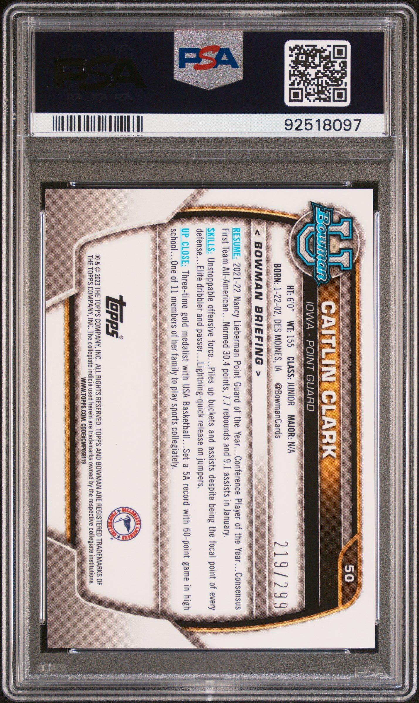 2022 Bowman Chrome University Caitlin Clark #50 Aqua Refractor PSA 10