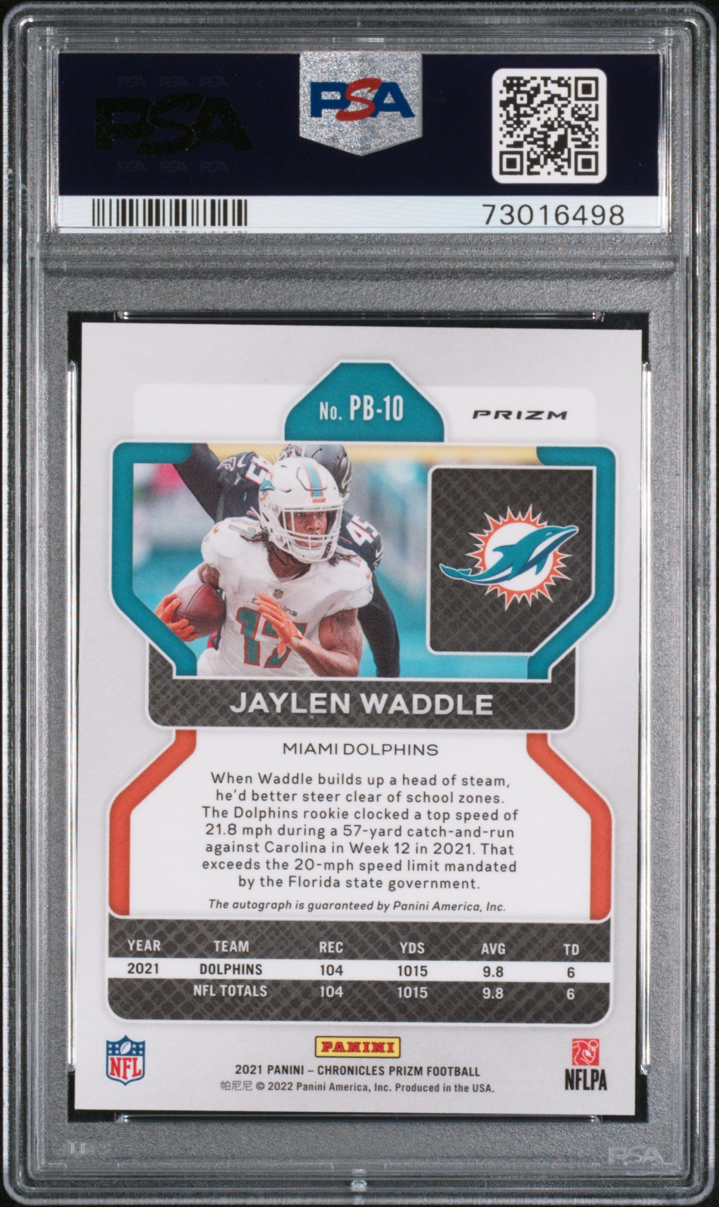 2021 Panini Chronicles Prizm Black Jaylen Waddle Prizm Black Signature PSA 10