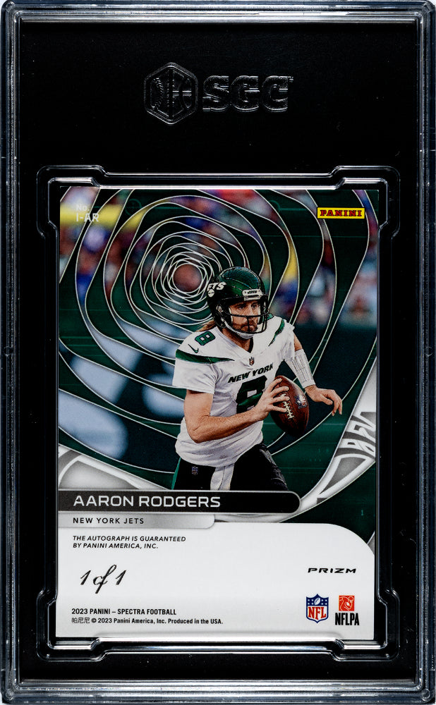 One of one 2023 Panini Spectra Aaron Rodgers Icons gold vinyl on card auto SGC 9