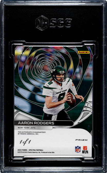 One of one 2023 Panini Spectra Aaron Rodgers Icons gold vinyl on card auto SGC 9