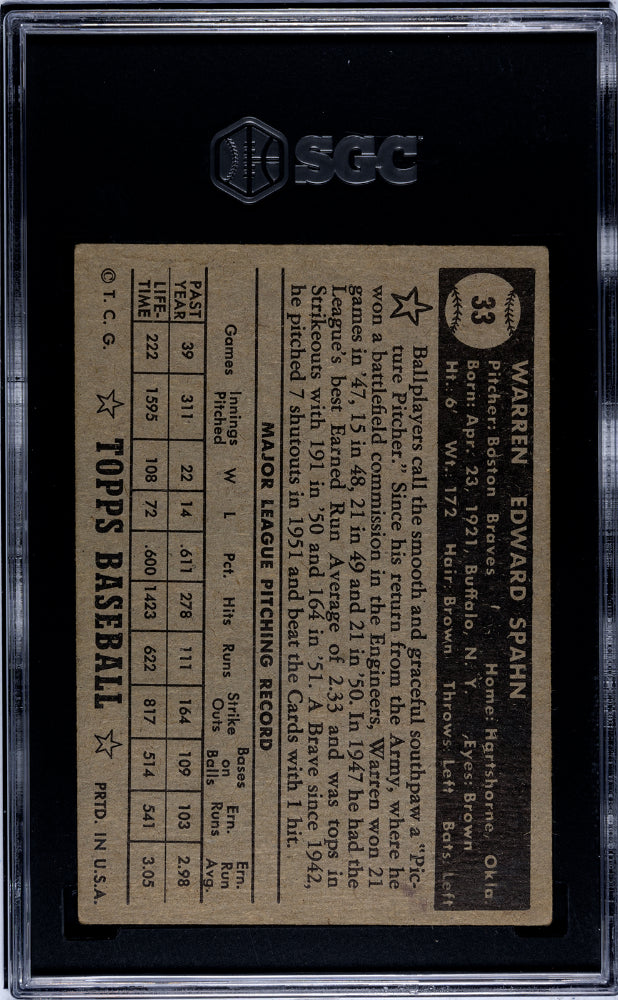 1952 Topps Warren Spahn #33 Black Back SGC 4
