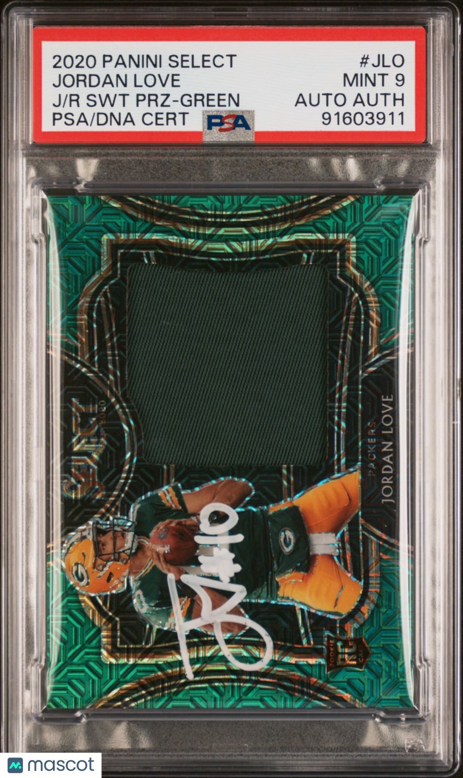 2020 Panini Select Jumbo Rookie Swatch Prizm Green Jordan Love #JLO PSA 9 # 5/5