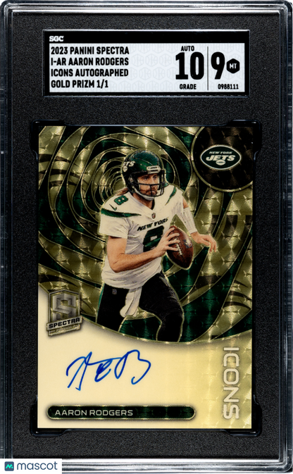 One of one 2023 Panini Spectra Aaron Rodgers Icons gold vinyl on card auto SGC 9