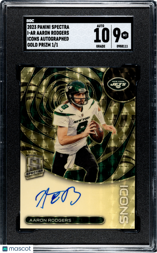 One of one 2023 Panini Spectra Aaron Rodgers Icons gold vinyl on card auto SGC 9