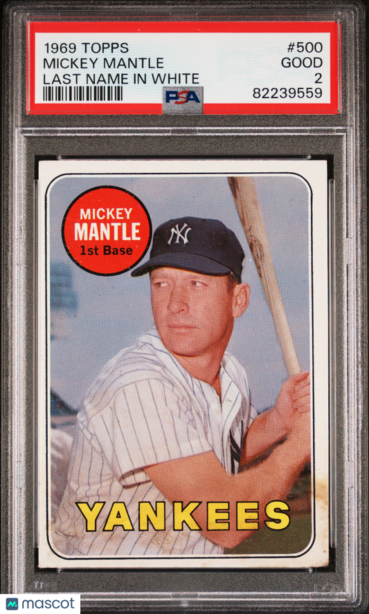 1969 Topps Mickey Mantle #500 Last Name In White PSA 2