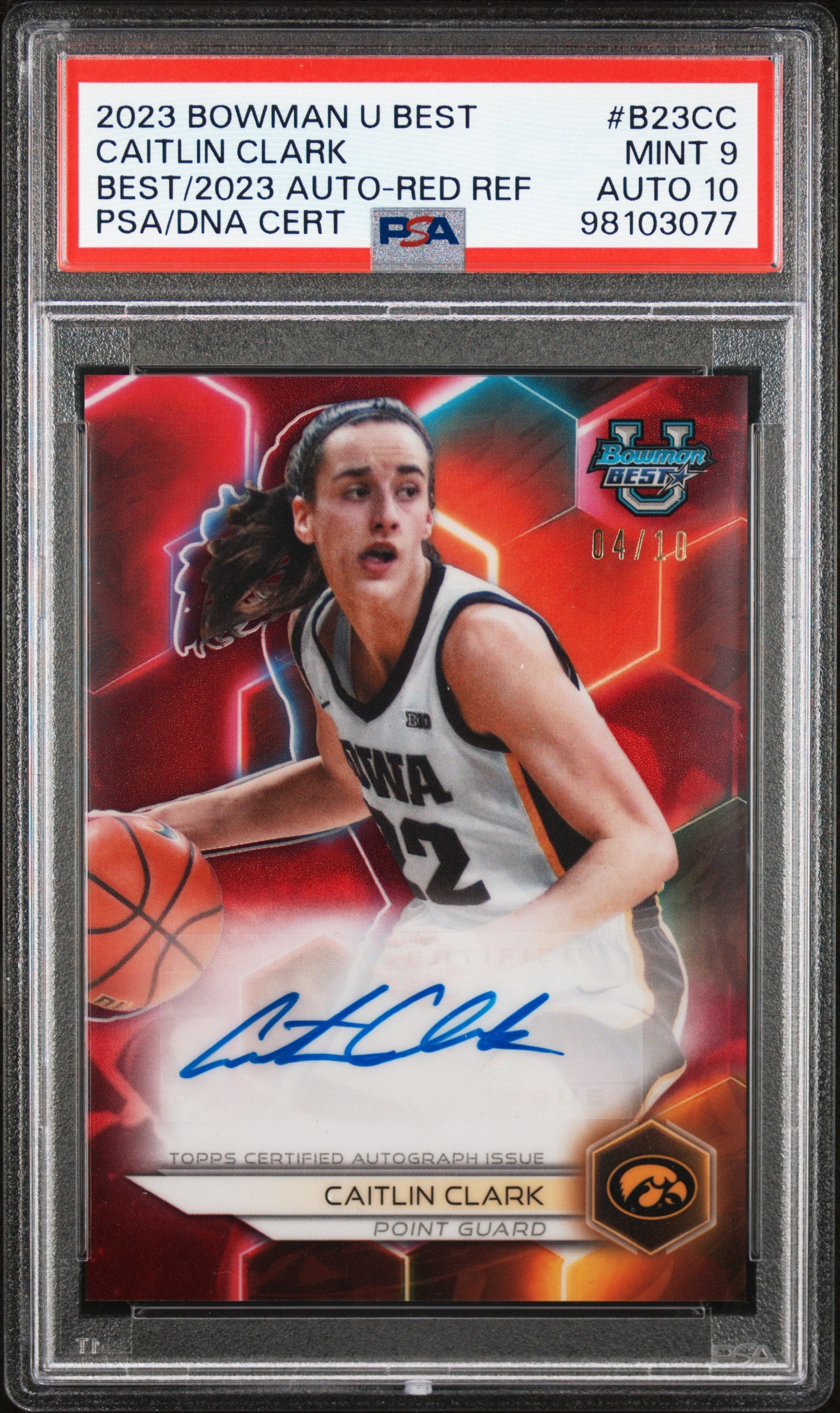 2023 Bowman University Autographs Caitlin Clark Red refractor #/10 PSA 9/10