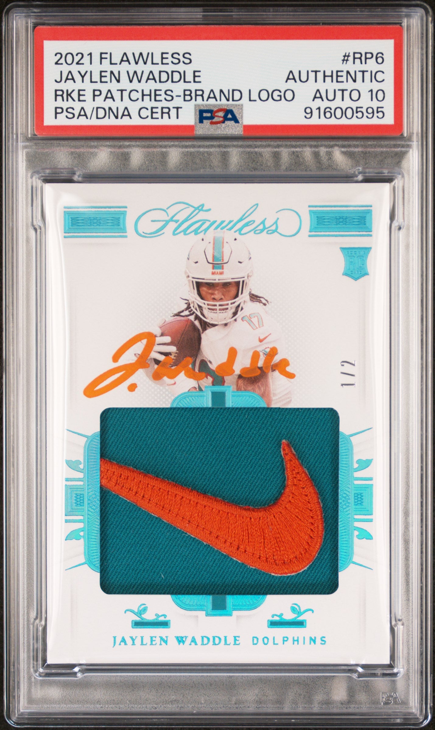 2021 Panini Flawless Rookie Patch # 1/2 Jaylen Waddle NIKE swoosh PSA 10 AUTO