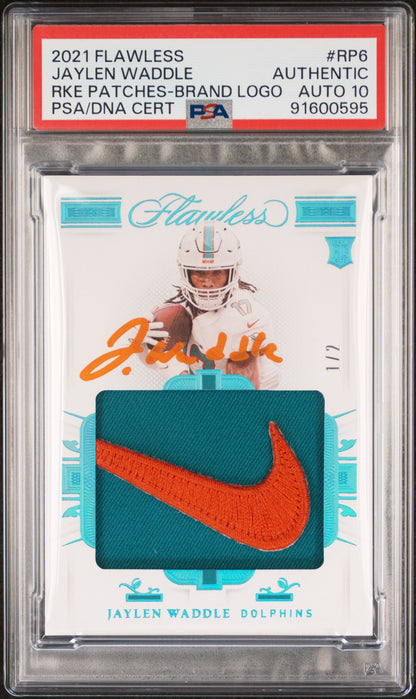 2021 Panini Flawless Rookie Patch # 1/2 Jaylen Waddle NIKE swoosh PSA 10 AUTO