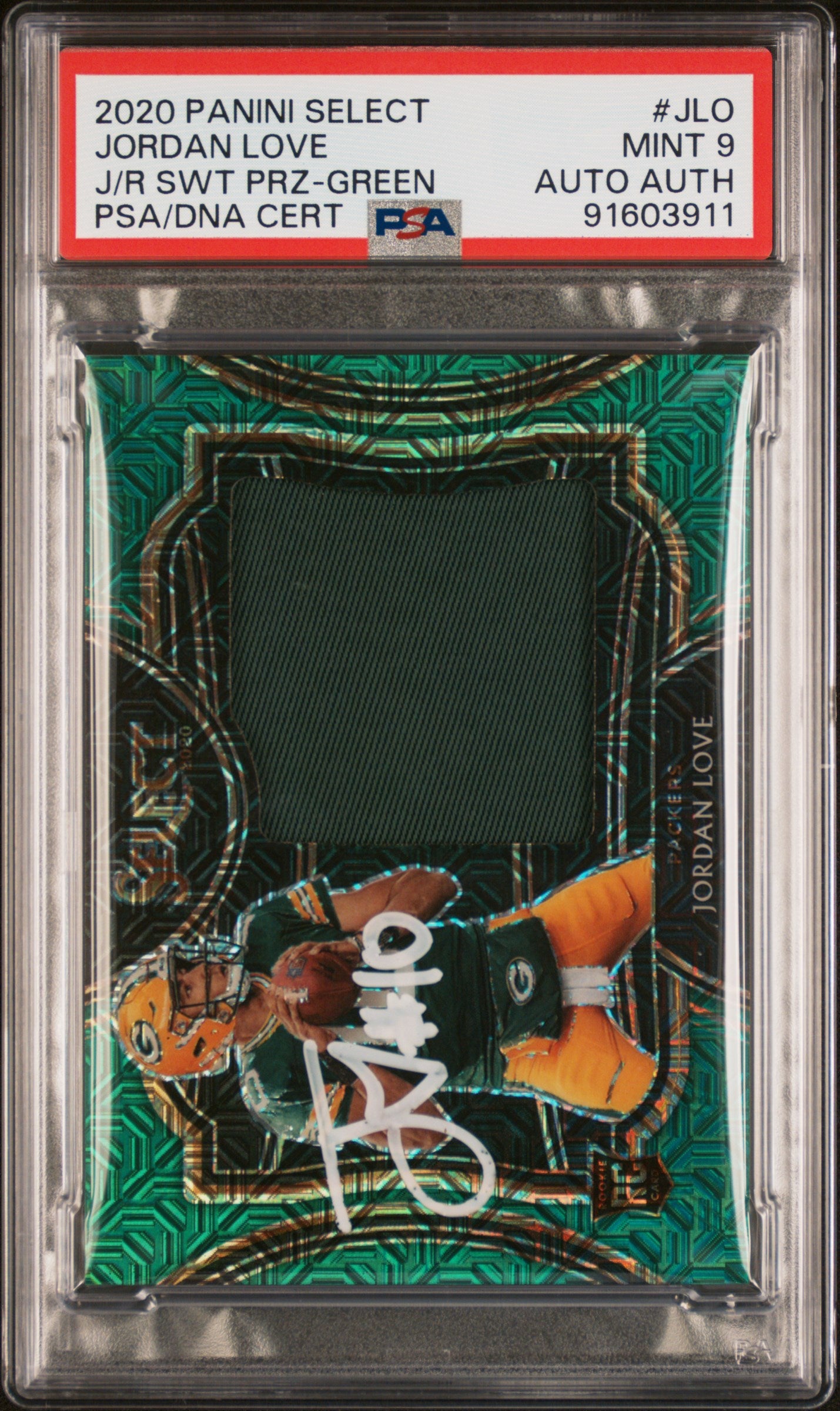 2020 Panini Select Jumbo Rookie Swatch Prizm Green Jordan Love #JLO PSA 9 # 5/5